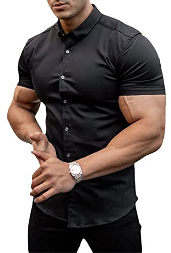 Men's Muscle Dress Shirts Slim Fit Stretch Long&Short Sleeve Casual Button Down Shirt (Black, Medium)