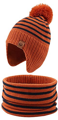 XIAOHAWANG Baby Mütze Winter Klassische Kindermütze Mädchen Jungen Warme Strickmütze mit Pompon Kleinkind Bommelmütze für Outdoor-Aktivitäten (4-7Jahren, Karamell(Hut+Schal))