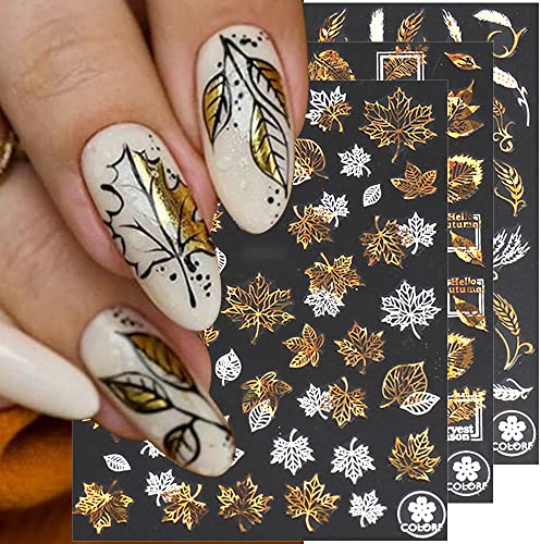 9 Blätter Herbstblätter Nagel Aufkleber, Weißer Laser Gold Ahornblatt Nagel Kunst Aufkleber Herbst Nagelsticker Selbstklebend Nagelabziehbilder Herbstlaub Nageldesign Nail Art Dekoration Nail Sticker