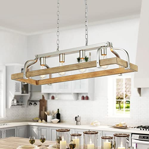 WUZUPS 4-Light Metal Pot Hanging Rack Chandelier Imitation Light Wood Grain Linear Pendant Ceiling Lighting Rustic Farmhouse Fixture Kitchen Island Dining Room, H25 x L88 x W30, E27 Base, Nickel