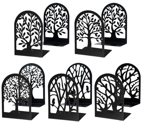 EOOUT Bookends for Shelves Decorative, 5 Pairs of Tree Bookends Supports, Black Metal Book Stoppers for Heavy Books, Heavy Duty Book Ends for Home Office School.