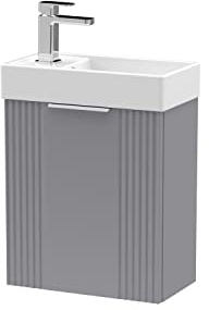 nuie FLT290 Deco Compact Modern Bathroom Wall Hung Part Fluted 1 Door Slimline Vanity Basin Unit with Ceramic Basin, 400mm, Satin Grey