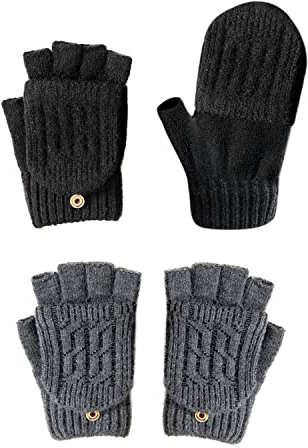 PFLYPF 2 Paar Warme Handschuhe, Umwandelbare FäUstlinge, Strickhandschuhe, Halbfingerhandschuhe, Handschuhe mit Deckel, Unisex (Dunkelgrau, Schwarz)