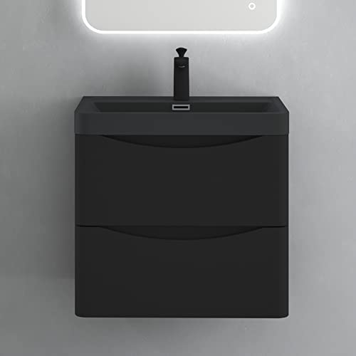doporro Mobile Bagno Sospeso60x50x42cm, Mobile da Bagno con 2 Cassetti Include Lavabo, Nero opaco, Seria Smile-Lackier