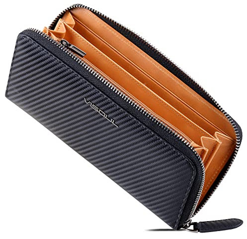 VISOUL Lange Geldbörse aus Leder mit Reißverschluss für Damen und Herren mit RFID-Blockierung, große Clutch, Bargeld, lange Geldbörse mit Reißverschluss, Schwarz und Hellbraun, 8.1 x 4.3 x 1 inches
