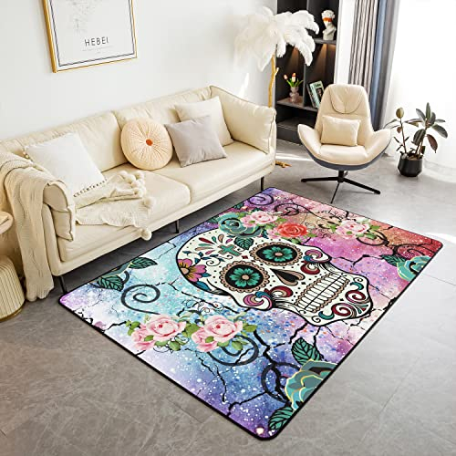 Rose Skull Teppich 100x150cm Matte Sugar Skull Skeleton Teppich Boho Gothic Bones Weich Gemütlicher Teppich Home WohnzimmerTeppich für Küche und Balkon Rosa Lila Zimmer Wetterfest KüchenTeppich