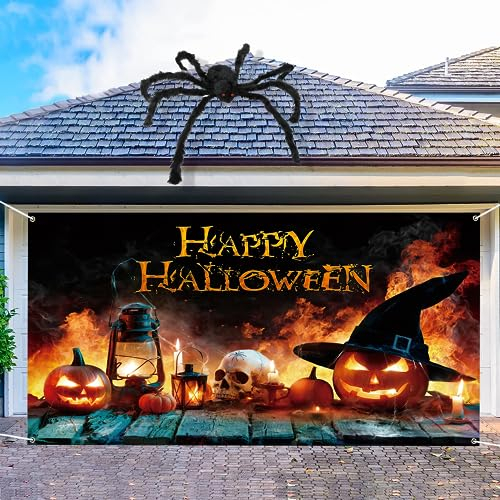 Halloween Deko Hintergrund, Happy Banner, Kürbis Geist hängende Türdeko Orange Schwarz Hintergrund Banner für,Realistische Innen- und Außenhorror DekorationPlakat(180 x 110cm)