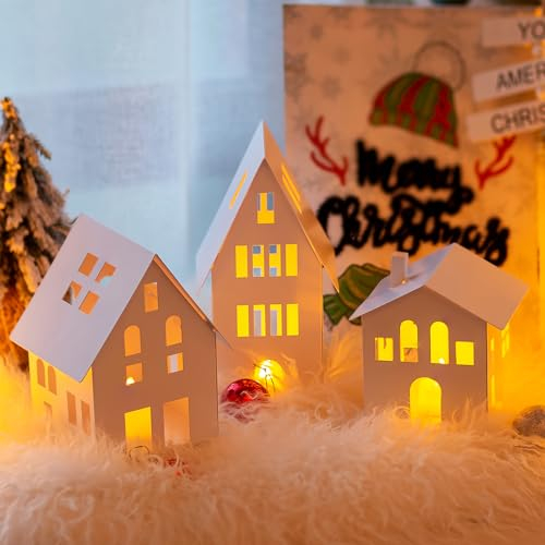 Sziqiqi Lichthaus Kerzenständer mit LED-Kerzen, Kerzenhalter Laterne für Weihnachten Dekorative Teelichthaus Metall Windlicht Set von 3 für Fensterbank Mantel Kamin, Weiß