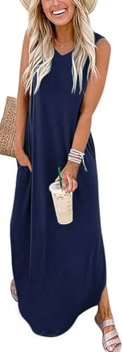 WNEEDU Damen Lang Strandkleider Sommer Maxi Kleider V-Ausschnitt Freizeitkleid Leichte Ärmellos Sommerkleider mit Taschen,Navy Blau M