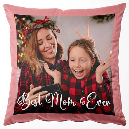 Easycosy Personalisiertes Kissen aus Premium Samt mit Foto, Doppelseitiger FotoKissen-Bezug mit 2 Fotos & Text Bedrucken als Fotogeschenke zum Geburtstag Weihnachten-ohne Kissenfüllung (55 x 55 cm)