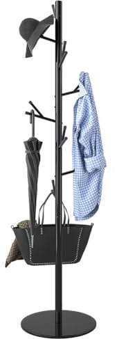 BAKAJI Porte-manteau de sol peu encombrant modèle New York, porte-manteau à pied avec 16 crochets, support de vêtements indépendant pour entrée et salon, idéal pour manteaux, chapeaux, sacs (Noir)