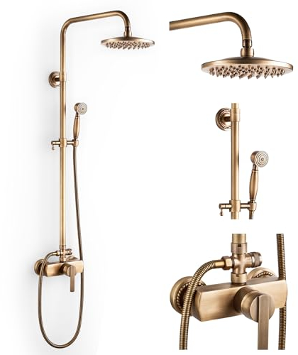 ROWINNAO Colonne de Douche Laiton Rétro Système de Douche, Antique Ensemble de Douche Mural Kit de Douche avec 20cm Pommeau de Douche, Douchette, Mitigeur de Douche, Réglable Hauteur 700-1200mm