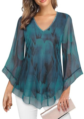 Gemulate Chiffon Tops for Women UK Ladies 3/4 Bell Sleeve Top Evening Tops for Women UK V Neck Elastic Mesh Blouse Loose Flowy Tunic Tops Overlay Tops for Women - Peacock Blue, XL