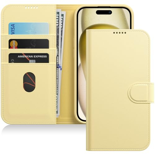 JETech Wallet Case for iPhone 15 6.1-Inch, Shockproof PU Leather Magnetic Flip Cover with Card Holder, Stand Feature and Full Camera Protection (Yellow)