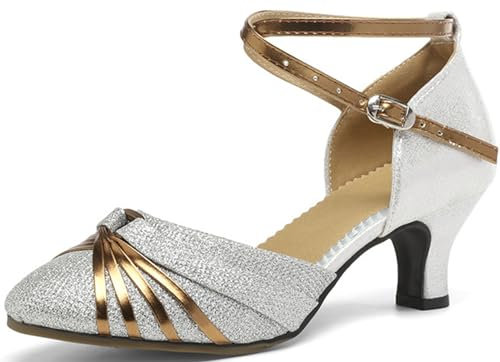 Chaussures de danse pour femme avec talon moyen pour salsa Chaussures latines Tango Chaussures de danse Sandales à talons hauts, Argenté, 42 EU Ancho