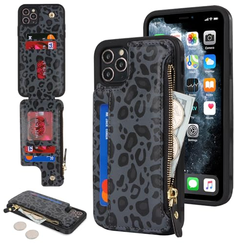 SailorTech for iPhone 11 Pro Max Phone Case with Credit Card Holder for Men, iPhone 11 Pro Max Case with Credit Card Slots Wallet Zipper Case for Women - Black Leopard