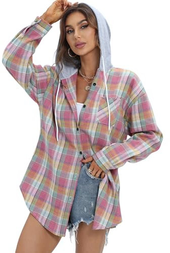 Jhsnjnr Chemise en flanelle surdimensionnée pour femme - Sweat à capuche boutonné - Col en V - Haut tendance - Manches longues - Chemisier à carreaux, Rose, XL