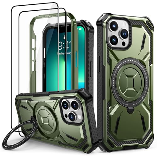 Lanhiem Handyhülle für iPhone 11 Pro Hülle mit 2 Stück Panzerglas und 360° Ring Ständer, Militärischer Stoßfest Schutzhülle für iPhone 11 Pro Case, Grün