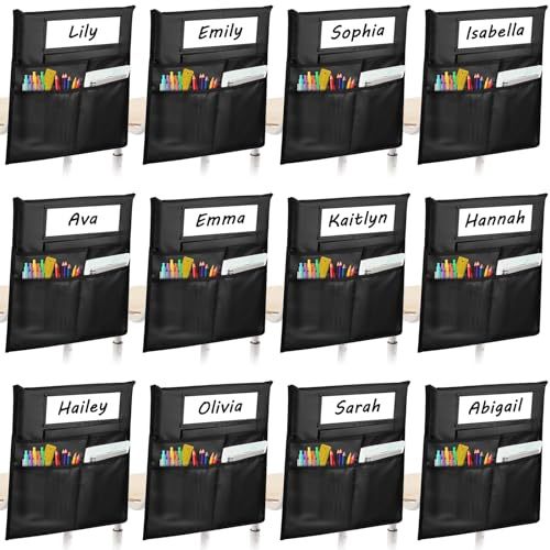 LACCHOUFEE Chair Pockets for Classrooms, 16 X 19 Seat Pockets for Classroom Chairs K-2, 12 Pack Chair Bags Organizer with Name Tag for Student Classroom Chair Back Storage in School, Black