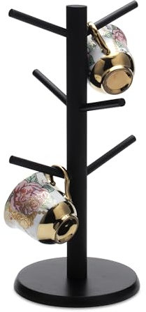 XUDREZ Wood Mug Tree, Bamboo Cup Holder with Thickened Base, Kitchen Coffee Cup Holder, Free Standing Mug Stand Kitchen Supplies for Tea Coffee Cup Mug Jewelry Organizer Tree (Black)