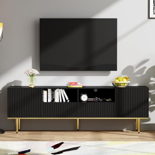 KOMHTOM Meuble TV noir avec tiroirs et pieds dorés pour chambre à coucher, salon (noir + doré)