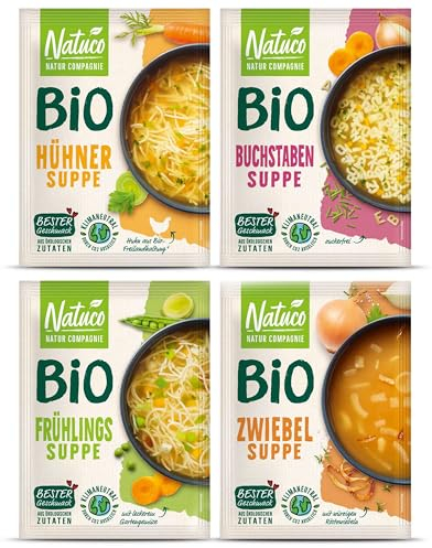 NATUCO 4er Pack Bio Suppen: Buchstabensuppe, Hühnersuppe, Frühlingssuppe, Zwiebelsuppe - Instant Nudeln perfekt für jeden Tag - Schnelle Gerichte zum essen Zuhause oder im Büro