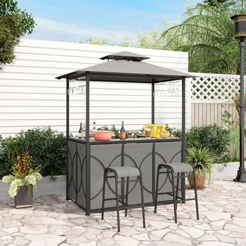 GOPLUS 3 Pcs Abri Barbecue avec Bar d'Extérieur,Table de Bar en Verre Trempé, 2 Tabourets, Porte-Verres, Abri de Grill à Double Toit pour Jardin, Piscine, Cour,194 x 121 x 242CM (Gris)