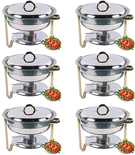 Full Size Stainless Steel Round Chafing Dish Buffet Set - Pack of 6 with Gold Accents for Catering Banquets, Dinner Serving Buffet Warmer Tray