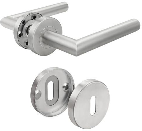 Probrico 1 Pack Brushed Nickel Door Lever Lock On Rose,Round Door Handle Set with T-Bar Door Handles and Escutcheons Concealled Key Hole for Interior Doors Requiring Key Locking,No Latch Included