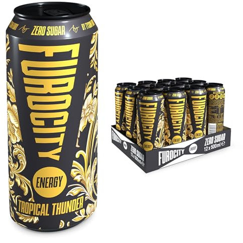 Furocity Sugar Free Energy Drink, Tropical Thunder, 157mg Caffeine, Low Calorie, Zero Sugar, High in Vitamins C, B6, B12, Taurine, Vegan, 12 x 500ml Cans