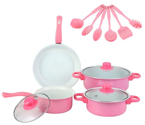 XLDZ Batterie de cuisine 13 pièces, casseroles et poêles avec ustensiles, surface antiadhésive et résistante aux rayures, compatible avec toutes les cuisinières (rose)