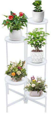 QUIOTUIR Supporto per piante da interno a 5 livelli, supporto angolare per piante (bianco, acciaio al carbonio, plastica)