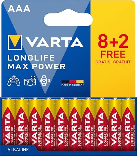 VARTA Longlife Max Power Alkaline Batteries AAA, 1.5 V, Ideal for Digital Camera, Controller, Blood Pressure Monitor, Plastic-Free Packaging, Made in Germany, Pack of 10
