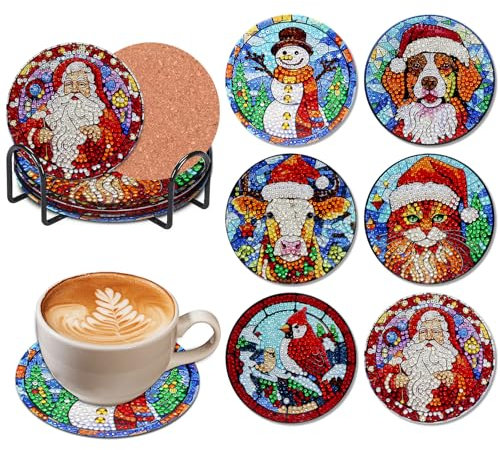 Syunyin Diamond Painting Untersetzer Weihnachten, 6 Stück Untersetzer Diamond Painting für Erwachsene, Kaffee Tassenuntersetzer Kits, DIY Basteln Getränke Diamantmalerei Zubehör