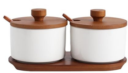 OnePine 2er Set Gewürzdosen aus Keramik, Zuckerdose mit Löffel und Löffel Vintage, Gewürzgläser Porzellan für Tee Zucker Salz Kaffeebohnen Gewürze