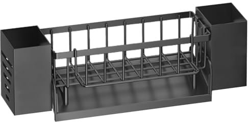 Dewocke Kitchen Sink Organiser, Sink Caddy with Dish Cloth Holder, Plastic Kitchen Sink Tidy with Knife and Fork Holder, Sink Storage for Sponges, Dish Soaps, Brushes, Washing Up Organiser- Black