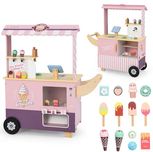 COSTWAY Chariot à Glaces Enfant en Bois avec 15 Accessoires & Distributeur Automatique, Magasin de Crème Glacée avec Auvent & Poignée & Caisse, Jeu de Rôle pour Garçons Filles de 3 Ans+ (Rose)
