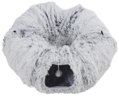 Fockety Katzentunnelbett für Hauskatzen, Plüsch-Katzen-Donut-Tunnel mit Waschbarem Kreiskissen und Katzenspielzeug, Multifunktionale Peekaboo-Katzenhöhle für Kätzchen, Katzen, Welpen