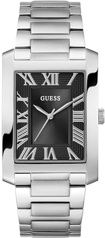 Guess Clyde Herren Armbanduhr, Quarz Analog, Edelstahl, 34mm, Edelstahlarmband, Silber, 1 bar, Zifferblattfarbe: Schwarz, GW0896G1