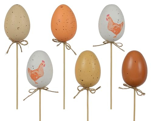 Osterei Blumenstecker 35cm 6er Set - bruchfester Osterstecker Ei am Stab für Ostern Frühling - Dekoei als Osterdeko Frühlingsdeko - Pflanzenstecker Dekostecker - Ostereier Deko - Weiß Braun