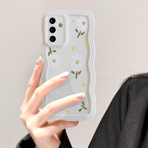 UEEBAI Hülle für Samsung Galaxy A54 5G, Wellen Rahmenform Silikon Handyhülle mit Gänseblümchen Blumen, Slim Fit Weiche TPU Bumper Cover Case Stoßfeste Schutzhülle für Frauen Mädchen, Beige Blume