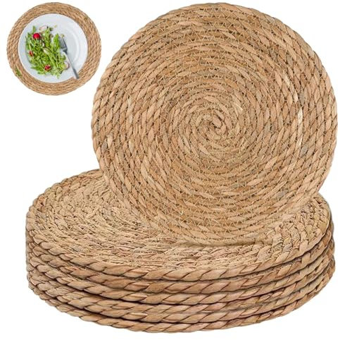 Set of 6 Round Woven Placemats, 33CM Rattan Placemats Natural Straw Dining Table Mats Round Wicker Place Mats for Kitchen Home Wedding Decor