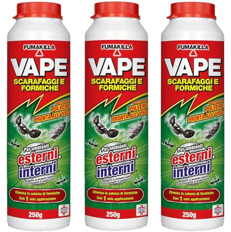 Vape Polvere Insetticida Per Scarafaggi E Formiche 250g Uso Interno ed Esterno Contro Infestazioni Domestiche Azione Lunga Durata (3 Unità)
