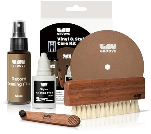 Vinyl & Stylus Care Kit (5-in-1) by TruGroove - Goat Hair Record Brush (Anti-Static), Stylus Cleaning Brush, 50ml Record Cleaning Fluid, 20ml Stylus Cleaning Fluid & Record Label Protector (Washable).