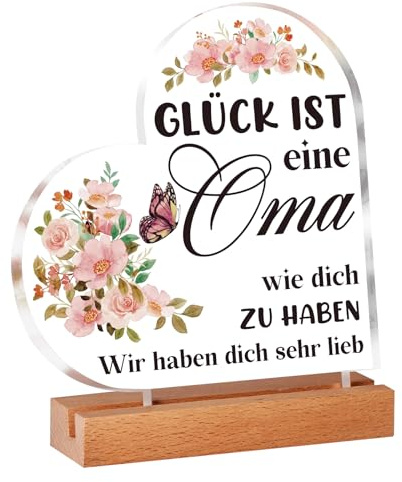 Oma Geschenk Geburtstag, Einzigartige Herzförmige Acryl Heimdekoration, Mit Holzbasis, Tolles Geschenk für Oma zum Geburtstag, Muttertag, Muttertagsgeschenk, Ostern oder Weihnachten