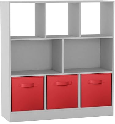 URBNLIVING 8-Cube White Bookcase Shelf Unit – Asymmetrical Storage Organizer with 3 Fabric Drawers for Home or Office - Red