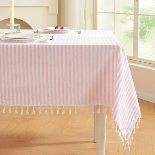 meioro Gestreifte Tischdecke Rechteckige Tischtuch mit Quasten, Abwaschbare Tischdecken Dekorative Tischwäsche für Küche, Esszimmer und Tabletop (Rosa/Weiße Streifen,100x140cm)