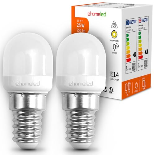 E14 LED SES LED Fridge Bulb, 2.5W(25W Equivalent) Warm White 3000K T22 Bulb | E14 Small Edison Screw Lamps for Home Lighting, Refrigerator, Cooker Hood, Night Light, 250LM, 230V, Non-dimmable, 2 Pack