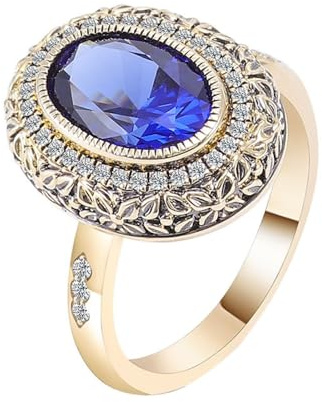 Homxi Damen Trauringe Ringe 585 Gold, Vintage Blume und Oval mit Erstellter Saphir 2 Karat und Moissanit, Verlobungsringe Damen Ring Gold Blau, Größe 56 (17.8)