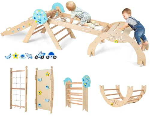 COSTWAY Klettergerüst Indoor 4er Set, klappbares Universum Kletterdreieck | mit Kletterbogen, Netz, inkl. doppelseitige Rampe, Baustein Set & 2 Autos, Sprossendreieck Holz für Kinder